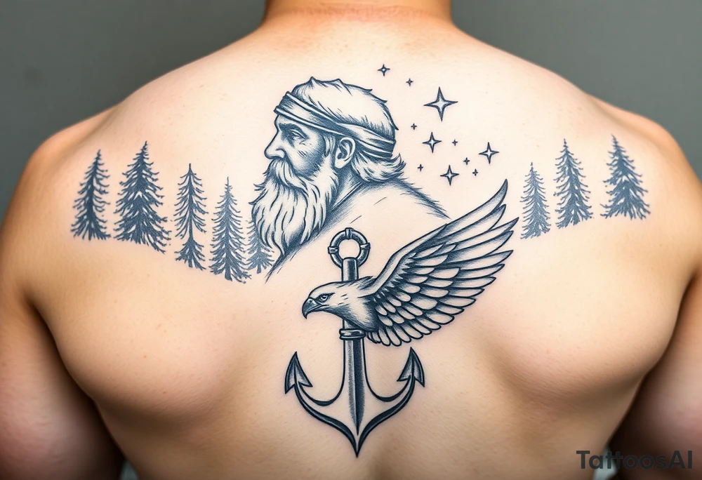 rustic Father time and the Keeper of the stars with a Forest backround, a hidden anchor, and 
Canadian Air force eagle tattoo idea