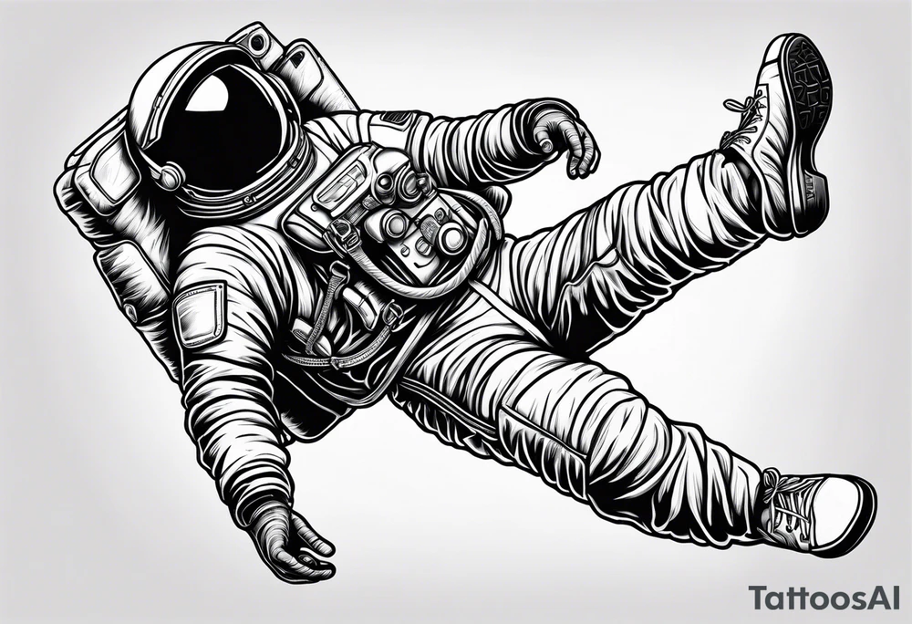 An astronaut floating upside down with jordan shoes on his feet tattoo idea