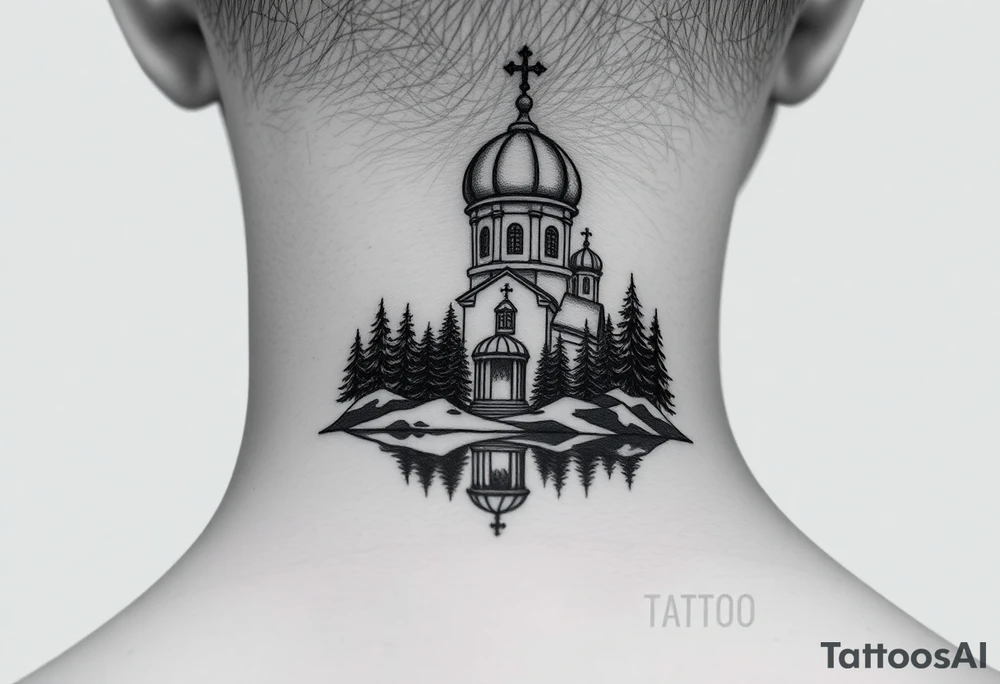 medium sized russian orthodox dome church with a separated virgin mary praying beside a lake and pine trees on the sized of my neck tattoo idea