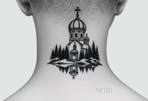 medium sized russian orthodox dome church with a separated virgin mary praying beside a lake and pine trees on the sized of my neck tattoo idea