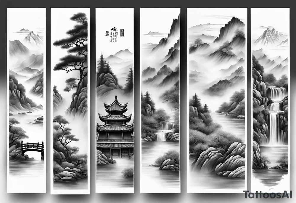 forearm sleeve traditional chinese art painting style autumn mountains mist fog water Chinese temple female with pony tail wearing robes meditating tattoo idea