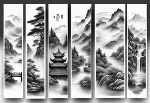 forearm sleeve traditional chinese art painting style autumn mountains mist fog water Chinese temple female with pony tail wearing robes meditating tattoo idea