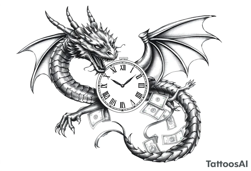 Dark dragon tattoo with clock and dollars on background tattoo idea