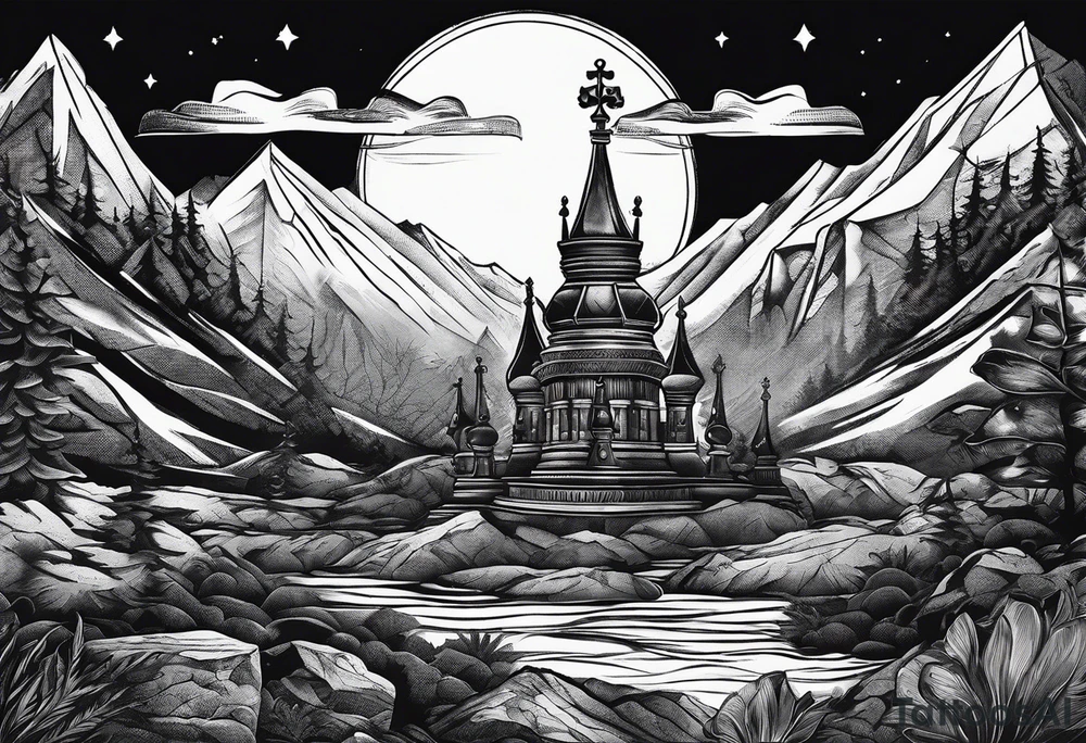 Books, chessboard with king and queen piece, background in a mountain night time landscape tattoo idea