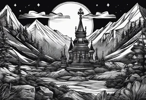 Books, chessboard with king and queen piece, background in a mountain night time landscape tattoo idea