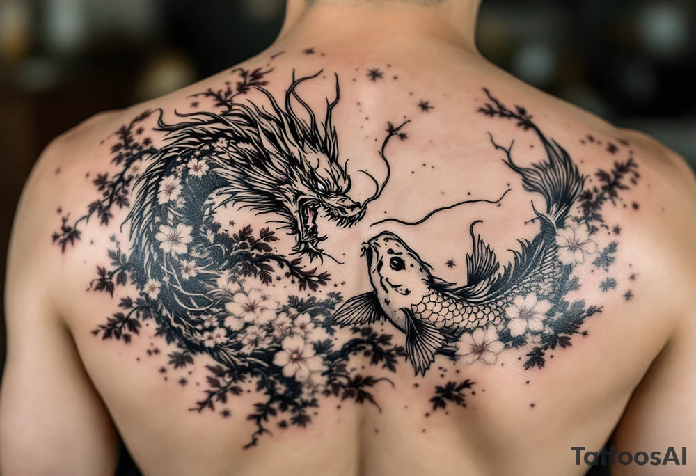 koi fish fighting a dragon with a sakura tree in the background, Japanese inspired piece tattoo idea