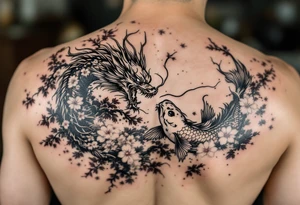koi fish fighting a dragon with a sakura tree in the background, Japanese inspired piece tattoo idea