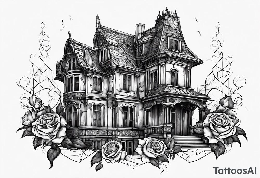 abandoned old gotic house, broken sword, roses, тату рукав tattoo idea