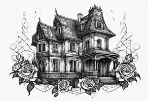 abandoned old gotic house, broken sword, roses, тату рукав tattoo idea