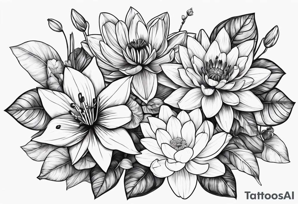 flower bouquet of violet, water lilly, and narcissus tattoo idea