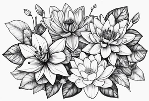 flower bouquet of violet, water lilly, and narcissus tattoo idea