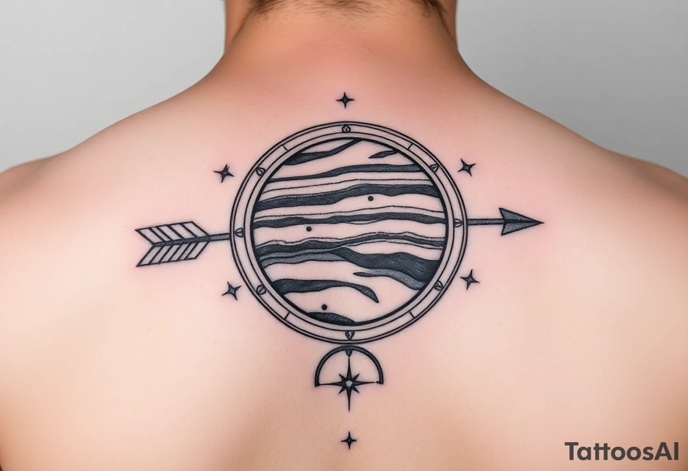 Jupiter with rings tattoo with tiny stars add sagittarius bow and arrow and the zodiac sign of fire tattoo idea