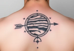 Jupiter with rings tattoo with tiny stars add sagittarius bow and arrow and the zodiac sign of fire tattoo idea