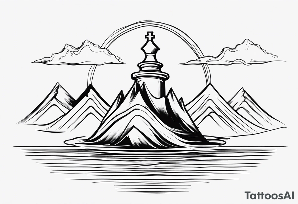 soft chess queen piece contour with mountain river flowing underneath tattoo idea