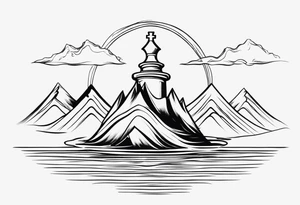 soft chess queen piece contour with mountain river flowing underneath tattoo idea