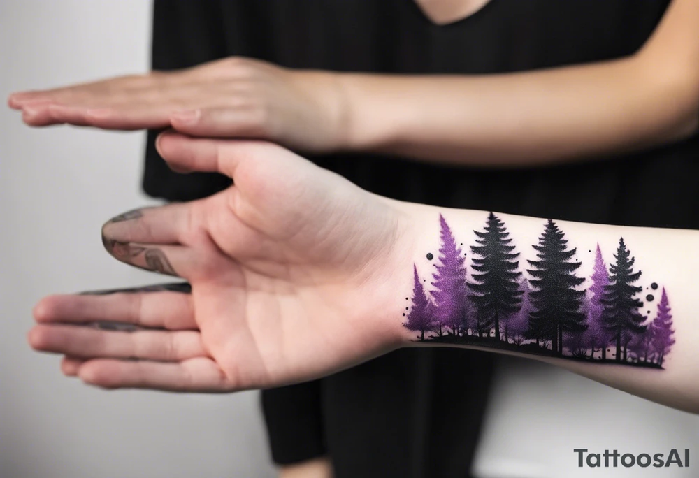 forest, purple and black, on forearm, fully covered, no borders, blackwork tattoo idea