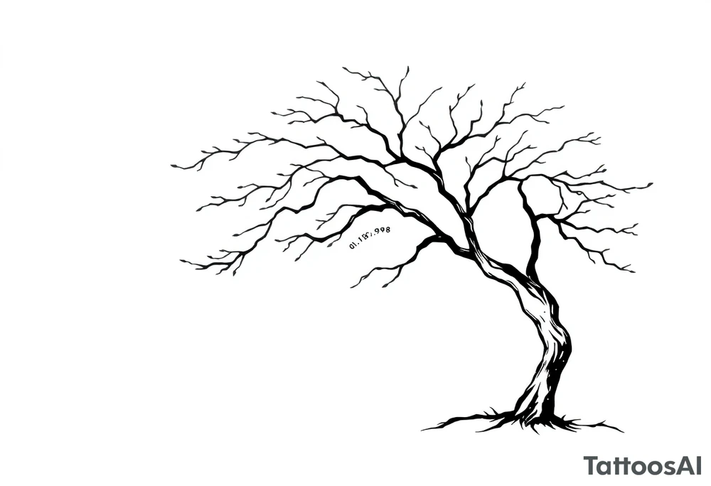 simple windy tree with a date 02.18.1998. The tree has strong winds and its branches are bent. The background is a clear sky. tattoo idea