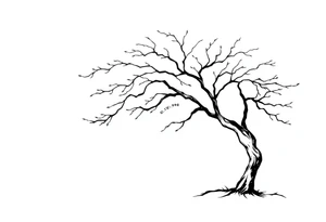 simple windy tree with a date 02.18.1998. The tree has strong winds and its branches are bent. The background is a clear sky. tattoo idea