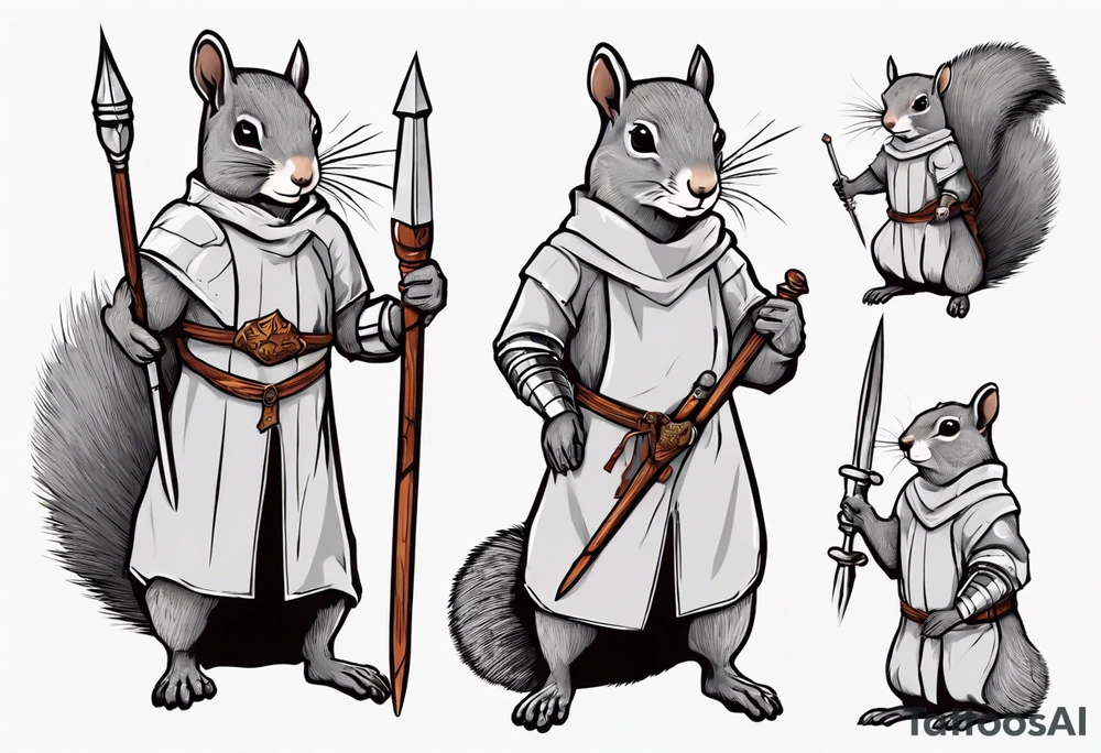 a grey squirrel dressed in a medieval tunic holding a silver spear tattoo idea