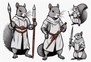 a grey squirrel dressed in a medieval tunic holding a silver spear tattoo idea