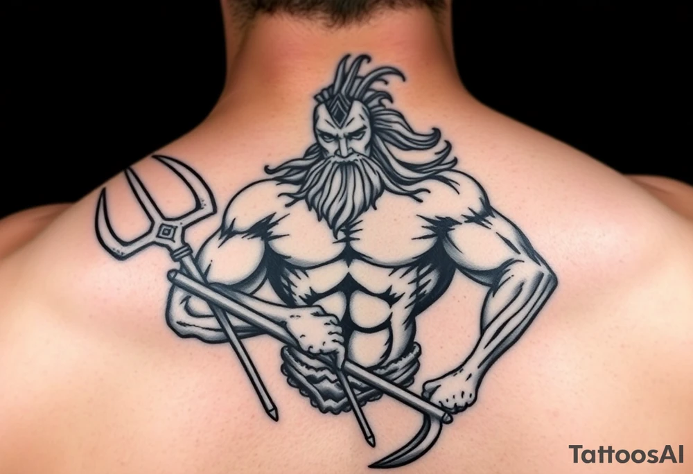 realistic muscular poseidon with big trident tattoo idea