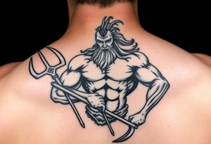 realistic muscular poseidon with big trident tattoo idea