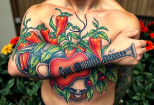 Super hot pepper plants, hot sauce, baseball, acoustic guitar, trumpet, with a gardening background tattoo idea
