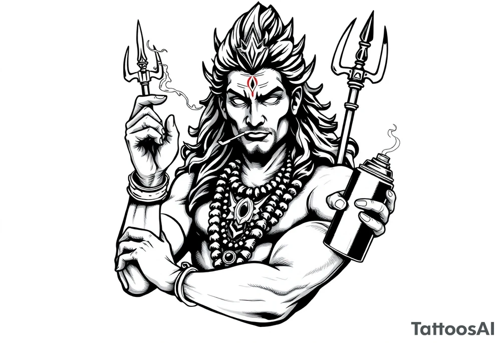 Shiva smoking a joint with one hand and holding spray paint with another hand tattoo idea