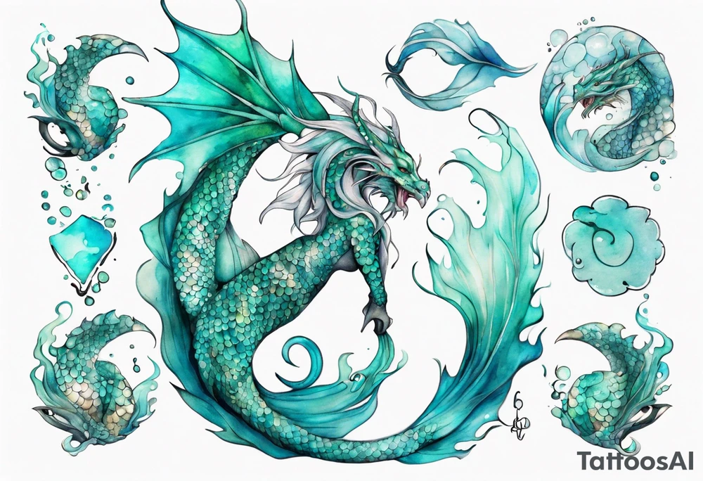a mermaid dragon hybrid with turquoise scales by the ocean tattoo idea