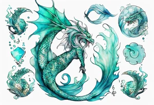 a mermaid dragon hybrid with turquoise scales by the ocean tattoo idea