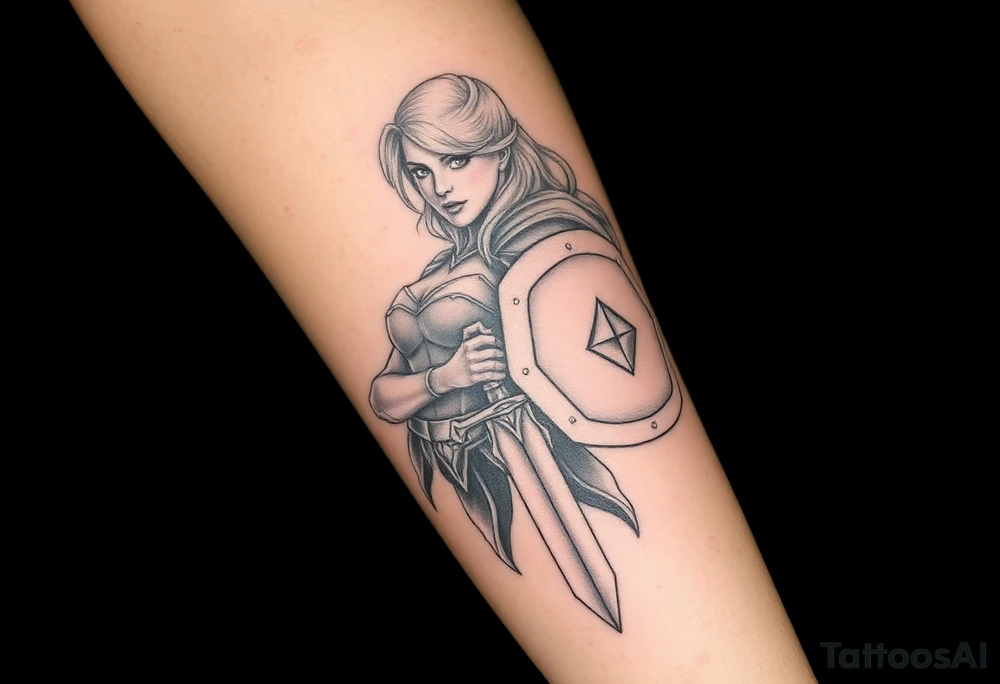 blonde valkyrie with sword and shield -- location calf -- image should show entire body of the valkyrie -- she should have large breasts and beautiful yet tough -- full color, realistic, should have breast armor, less cartoony more realistic, should -- full color-- 
 show her entire body
tattoo located on calf not on back tattoo idea