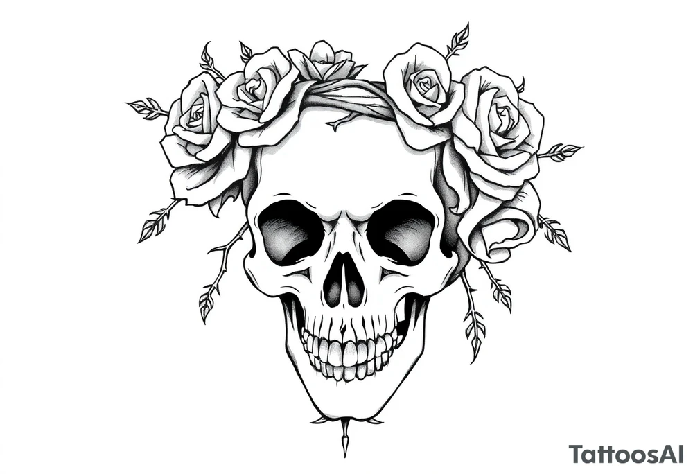 ornate skull adorned with crown of wild roses and thorns tattoo idea