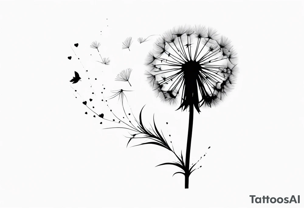 Dandelion with its ligules blowing away, a few legs are tiny hearts, the girls turn into a little bird, flying away to its future tattoo idea