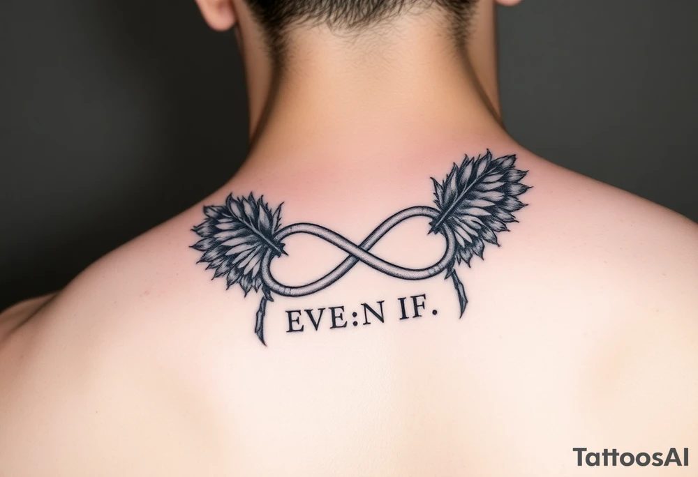 feathers and infinity symbol with words "EVEN IF" tattoo idea