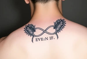 feathers and infinity symbol with words "EVEN IF" tattoo idea