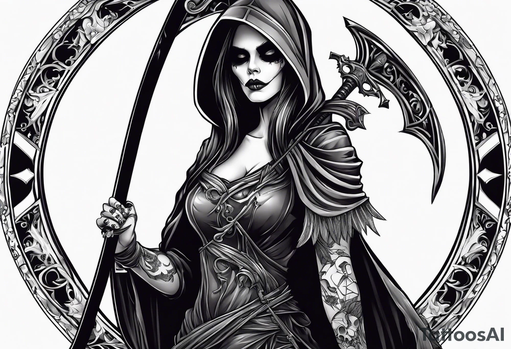 Lady grim reaper with
 scythe and skulls tattoo idea