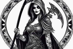 Lady grim reaper with
 scythe and skulls tattoo idea