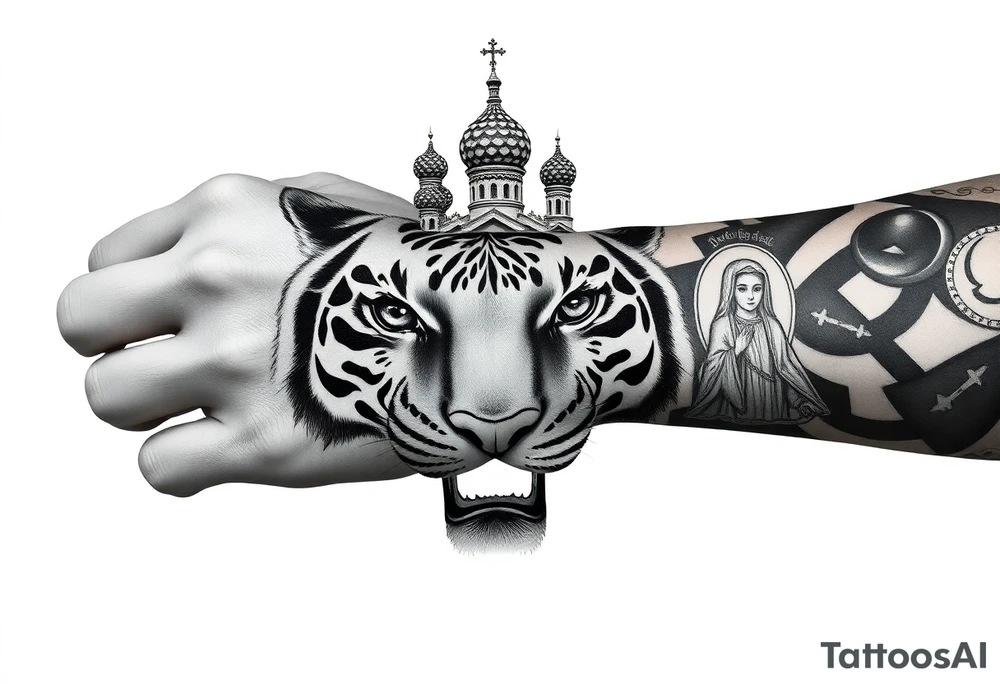 Realistic tiger face on the back of the hand with strong contrast and fine detail with hollow black eyes. with a highly detailed Russian Orthodox cathedral sitting above on fore arm with onion domes and orthodox crosses, done in fine line, engraving-like style. Cohesive composition, black ink only, no color, high contrast, slightly aged, documentary-style, plain light background. with clouds above and a virgin mary tattoo idea