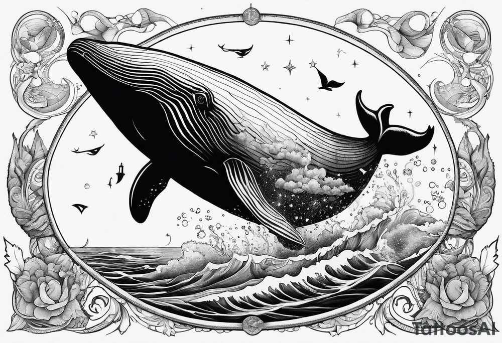 Moby dick inspired sperm whale jumping out of the water with the Virgo constellation in the sky and a sail boat at sea tattoo idea