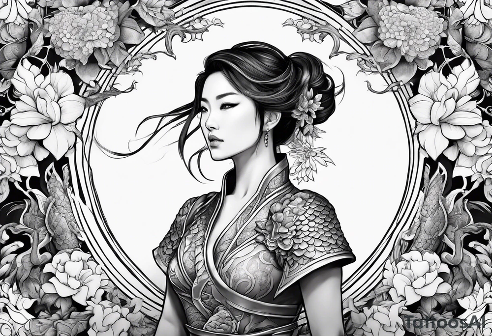 beautiful warrior woman wearing dragon armor and a floral background and a dragon a full picture tattoo idea