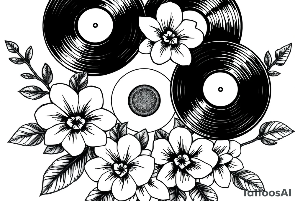 vinyl records surrounded by flowers tattoo idea