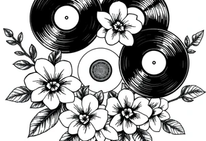 vinyl records surrounded by flowers tattoo idea