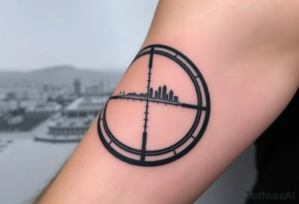 scope crosshairs with eerie Los Angeles city horizon in background tattoo idea