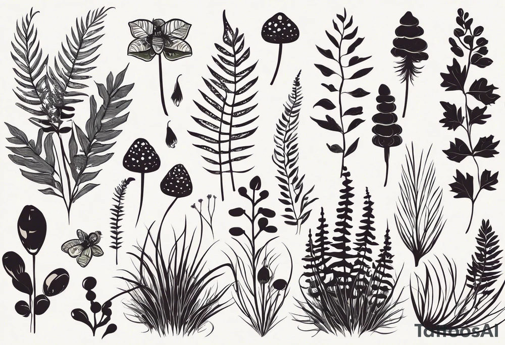 forest floor inspired minimalist tattoo, which includes grass, curly ferns, moss and dead leaves as the bulk of the tattoo. details to include: forest berries, a tiny bumblebee flying nearby, three small brown mushrooms
Generate a vertically long one tattoo idea