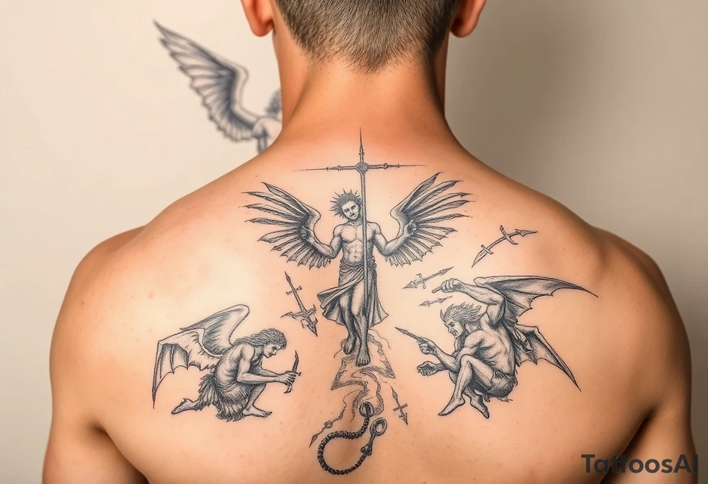 A battle between multiple angels and demons while a father guides his son through the path of life showing battle wounds on back on his way to the gates of heaven tattoo idea