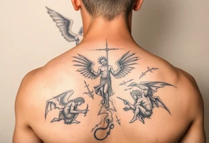 A battle between multiple angels and demons while a father guides his son through the path of life showing battle wounds on back on his way to the gates of heaven tattoo idea