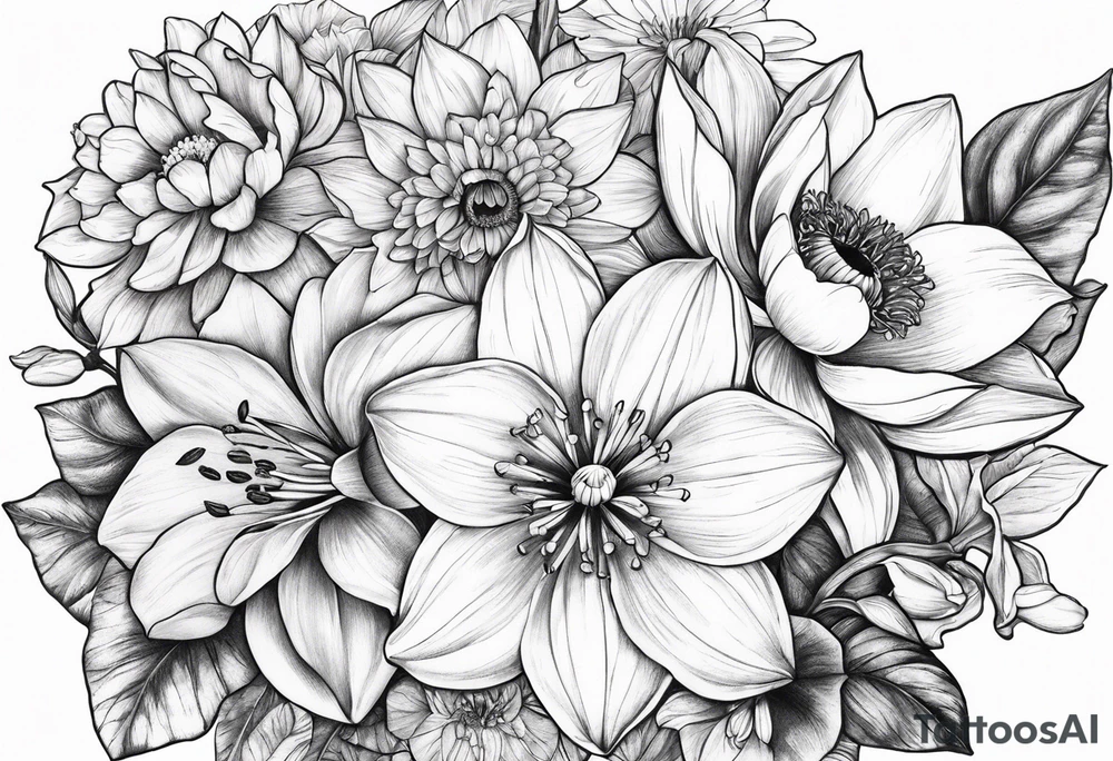 Bouquet daffodils water lilies and morning glories tattoo idea