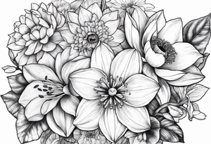 Bouquet daffodils water lilies and morning glories tattoo idea