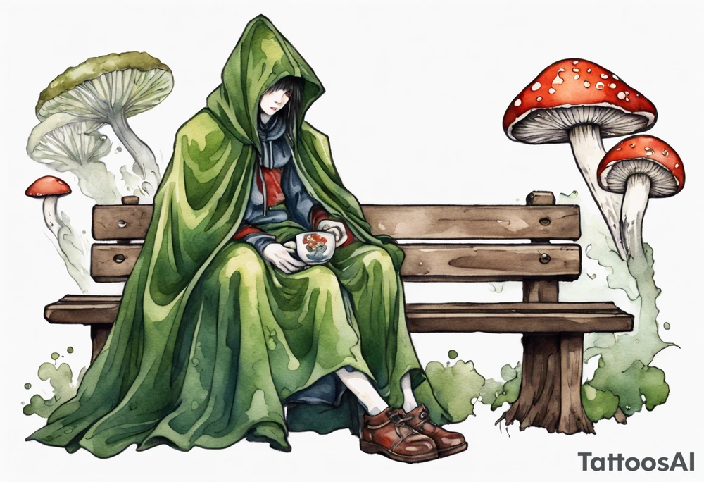 a mossy mushroom wearing medieval cloak sitting on a bench drinking from a wood cup tattoo idea