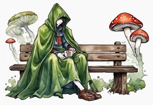 a mossy mushroom wearing medieval cloak sitting on a bench drinking from a wood cup tattoo idea